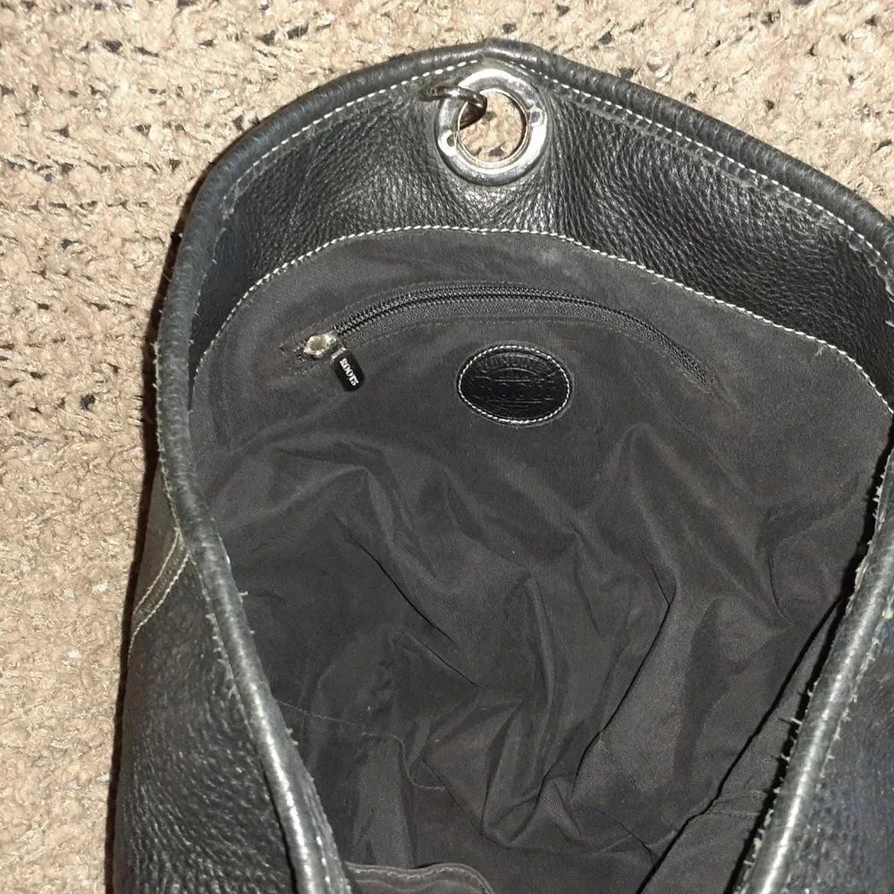 Vintage ROOTS CANADA-Black Pebbled Leather-Bucket Bag-Crossbody Hobo-Near Mint